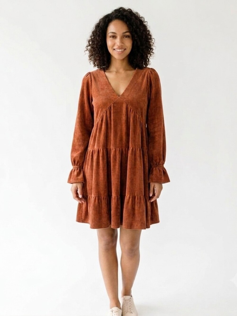 Rust Corduroy Babydoll Dress Tiered V-Neck Long Ruffle Sleeve Cozy Fall Sz L